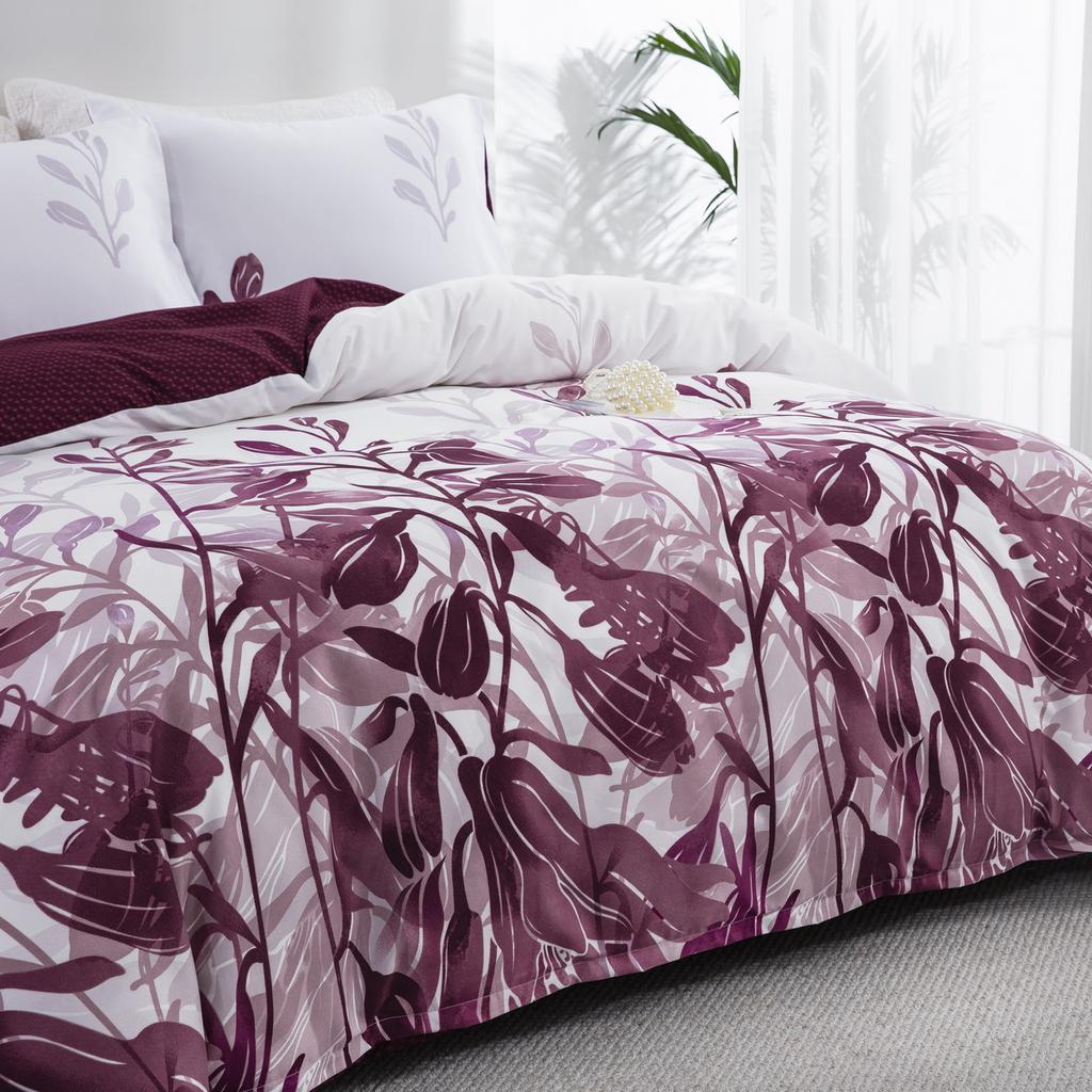 Maroon Floral Duvet Cover Set King Queen Double Single Full Twin Size, 3 Piece Soft Printed Microfiber Duvet Comforter Covers