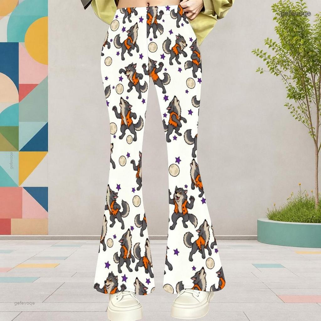 Girls Cartoon Potted Carnivorous Plant Print White High Waist Flare Pants