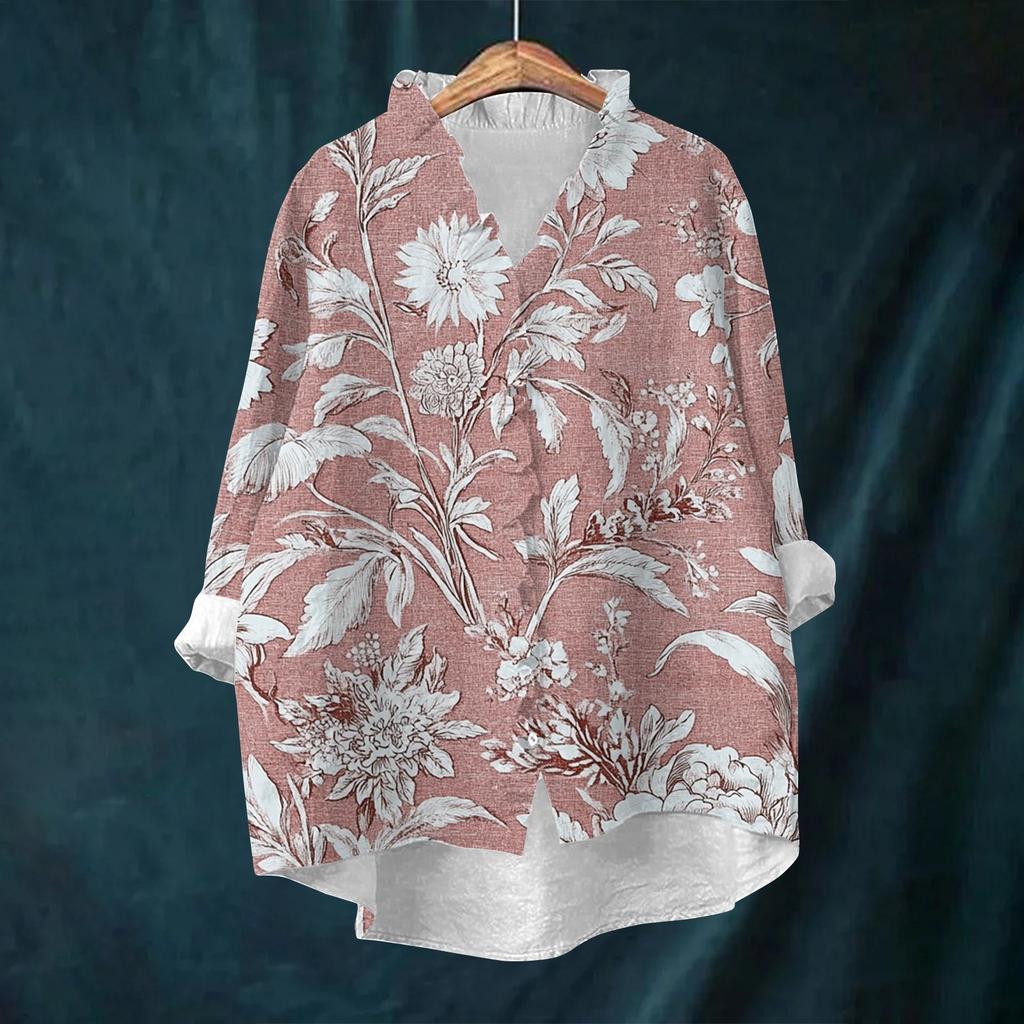 Women's Loose Ruffled Retro Floral Print Stand Collar Long Sleeve Cotton And Linen Top