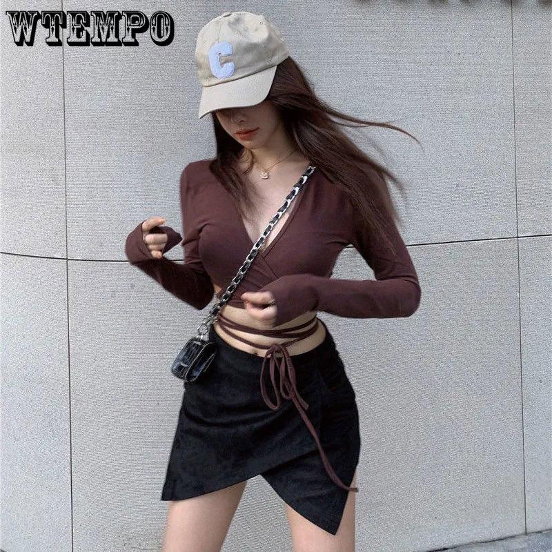 Women Crop Top Summer Long Sleeve Corset Y2k Tops Korean Tanktop Navel Tie Thin Black T-Shirt Ladies Boho Gothic Sexy Clothes