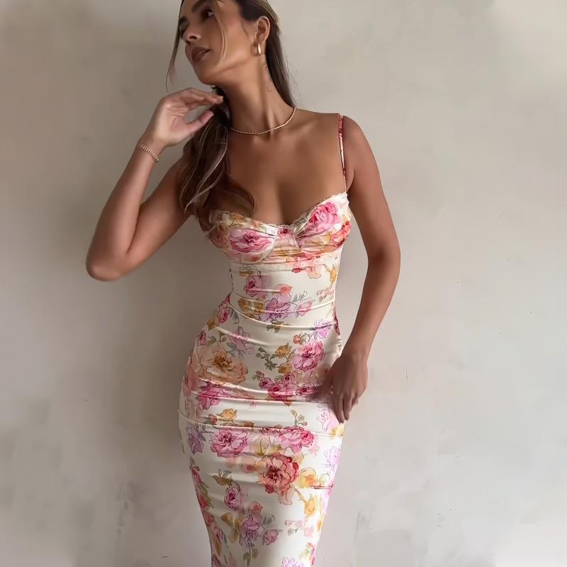 New Fashion Sleeveless Printed Sexy Backless Suspender Dress Slim Fit Elegant Bodycon Summer Party Long Dress Female Streetwear Casual Clothing