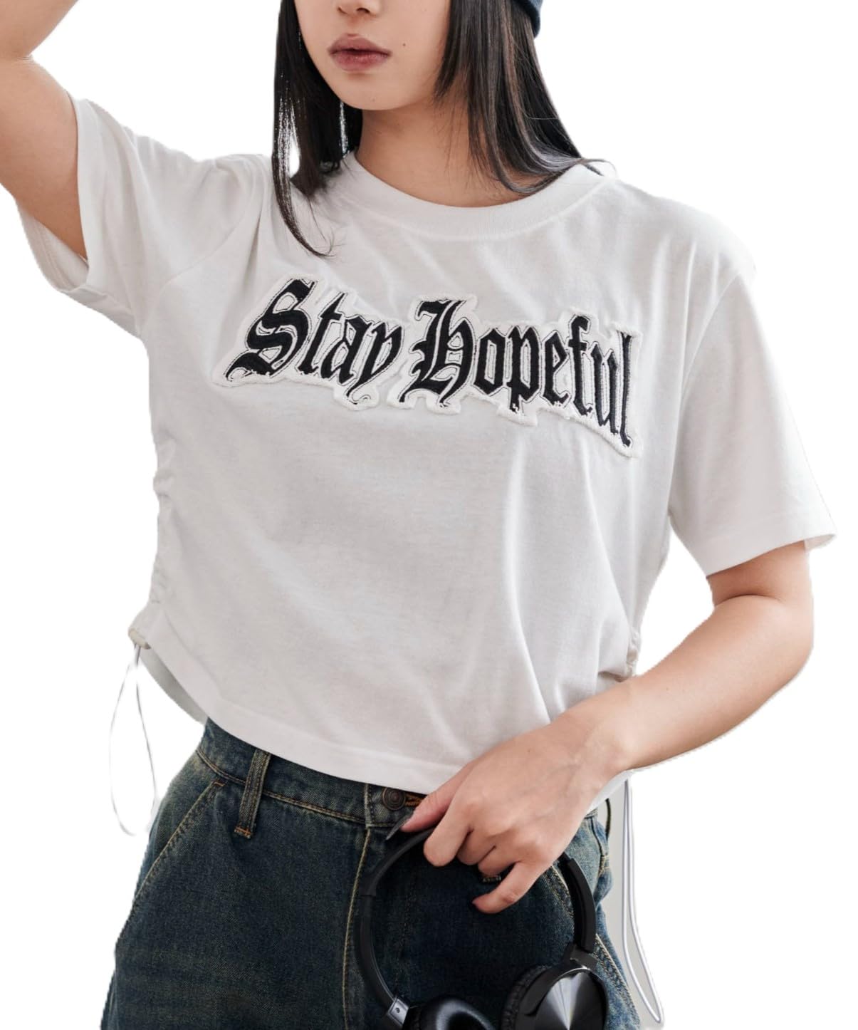 

WEGO Graphic Side Short Summer Size White Women s T-Shirt, Drawstring, Sleeve, Streetwear, Clothes, F, белый