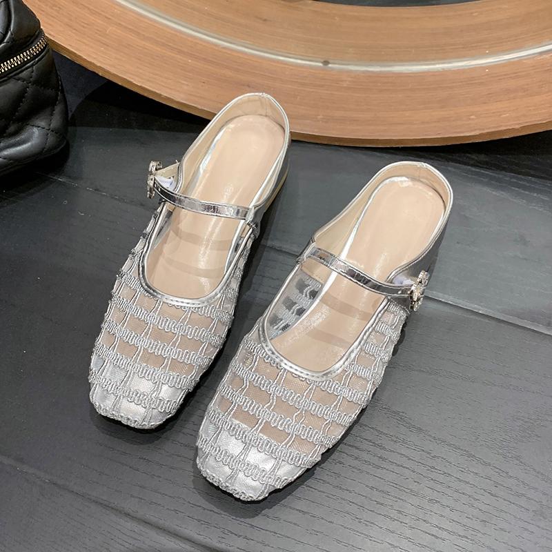 Fashion Baotou Semi-drag Autumn New Square-toe Shallow-mouth Mesh Breathable One-band Non-slip Wear-resistant Block Heel Slippers