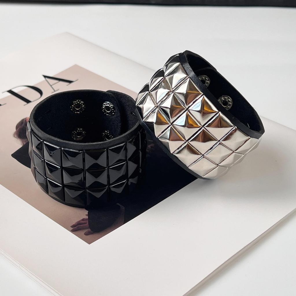 Men's Black & Silver Studded PU Leather Bracelet with Round Corners - Cross-Border Punk Style