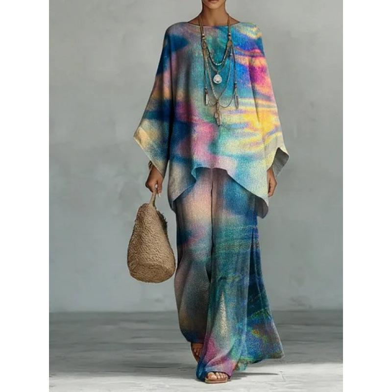 16 European and American artistic sense abstract graffiti set, round neck bat sleeve top + wide-leg pants loose two-piece set