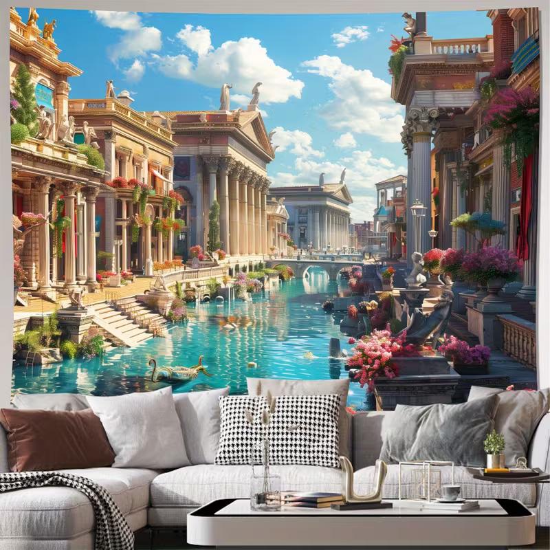

2D Fantasy Venice Style City Tapestry Ancient Roman Architecture with Water Canal Wall Decor Cloth for Home & Bedroom 47.2x31.5inch/120*80cm