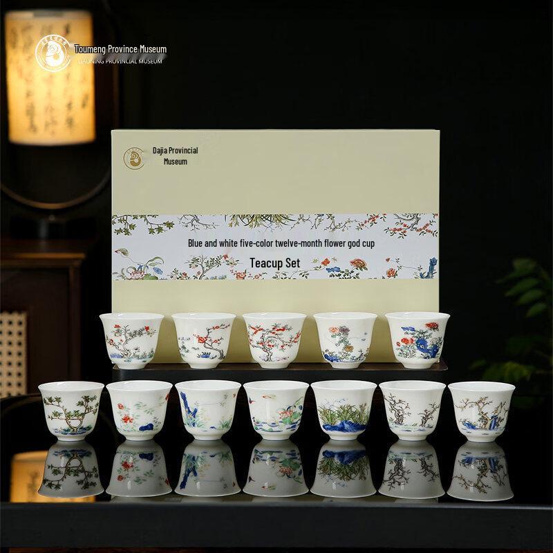 

Blue and White Wucai Style Twelve Month Flower Goddess Tea Cup