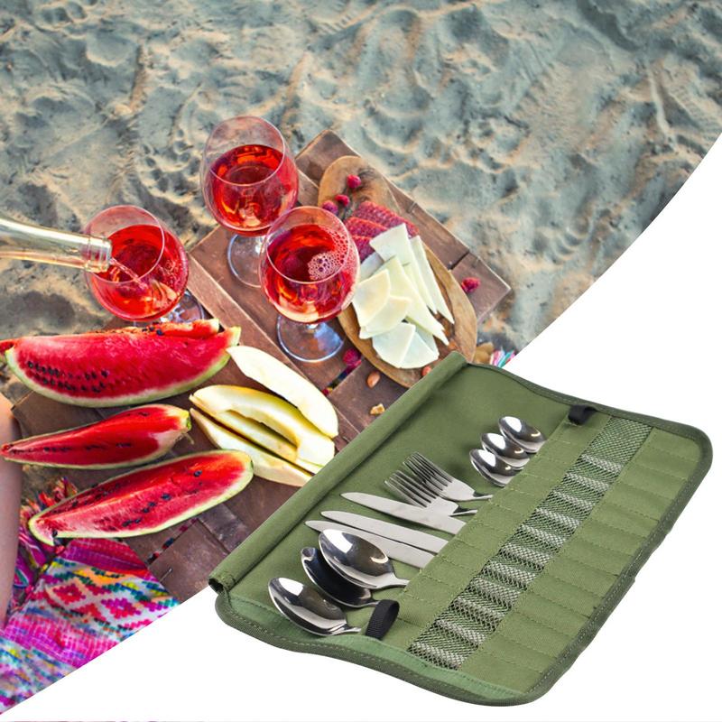 Outdoor Tableware Storage Bag Camping BBQ Cutlery Storage Portable Polyester Roll Up Pouch Bag Cutlery Storage For Travel Beach