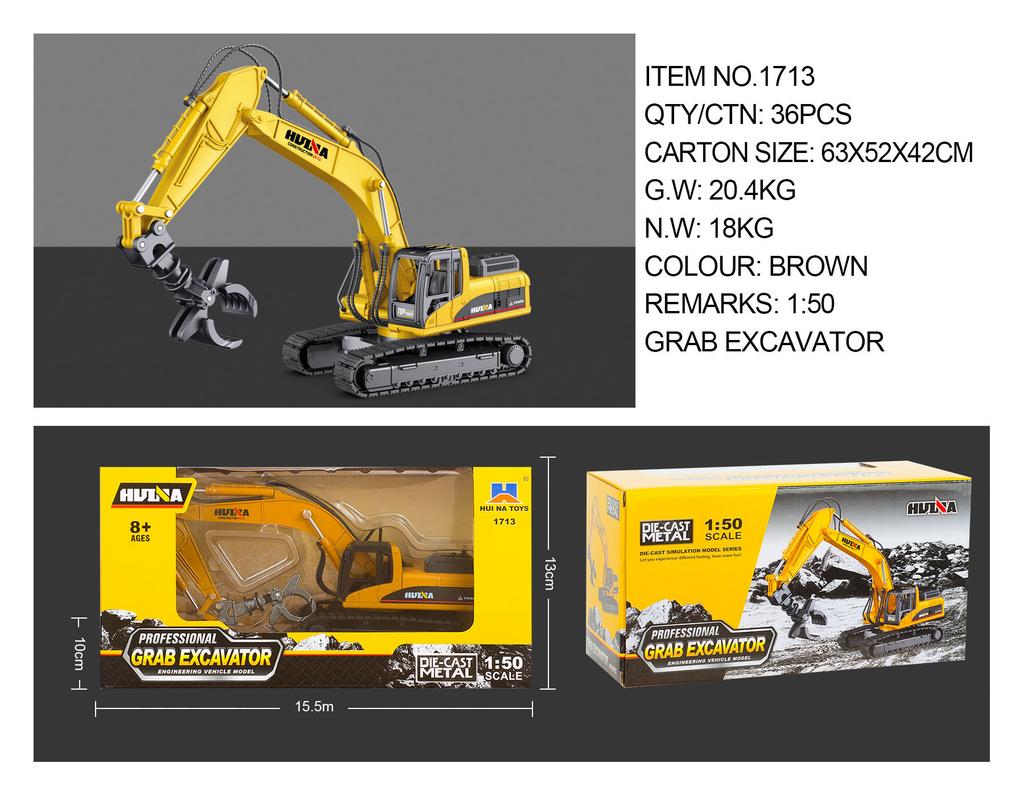 1:50 Huina Construction Vehicle Excavator Loader Forklift Roller Breaker Wood Grabbing Toy Model
