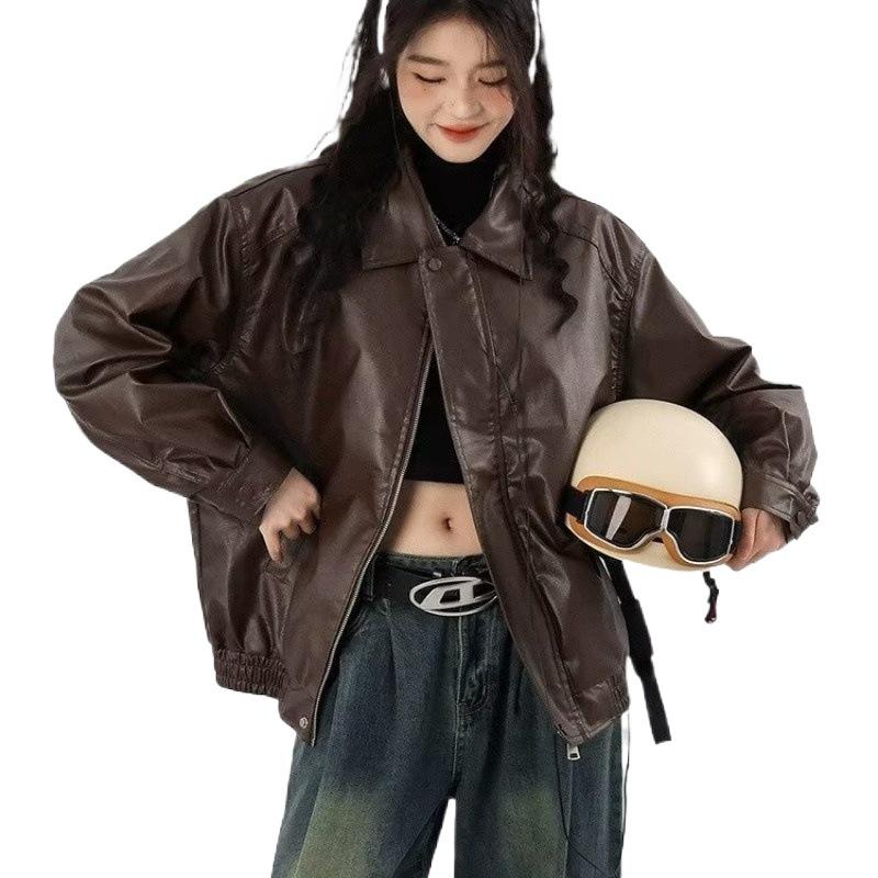 2023 Women's Hong Kong Style Retro Brown Leather Jacket - Autumn Motorcycle Inspired