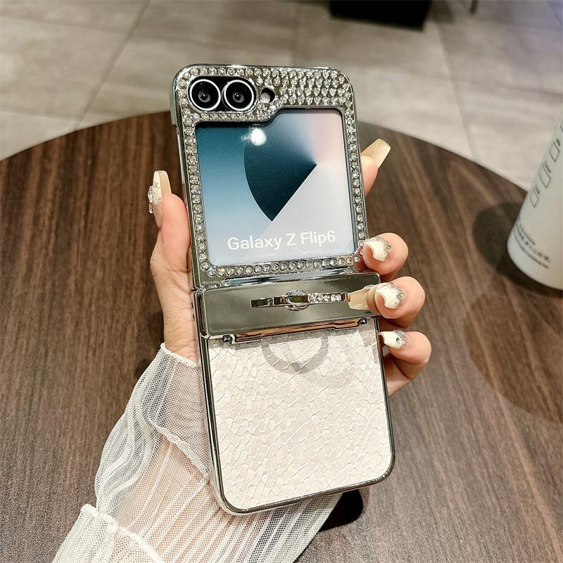 Diamond Frame 3pcs Folding Case For Samsung Galaxy Z Flip6 Flip5 Leather Shockproof Ring Holder Slim Hard PC Phone Cover