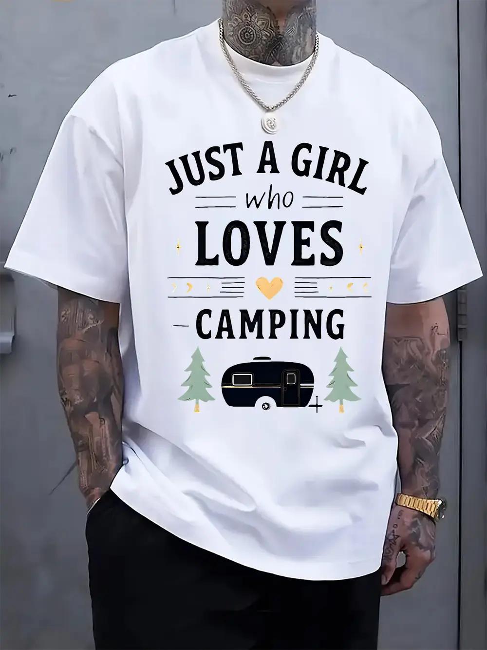 Casual Crew Neck T-shirt with  Just a Girl Who Loves Camping  Print XL