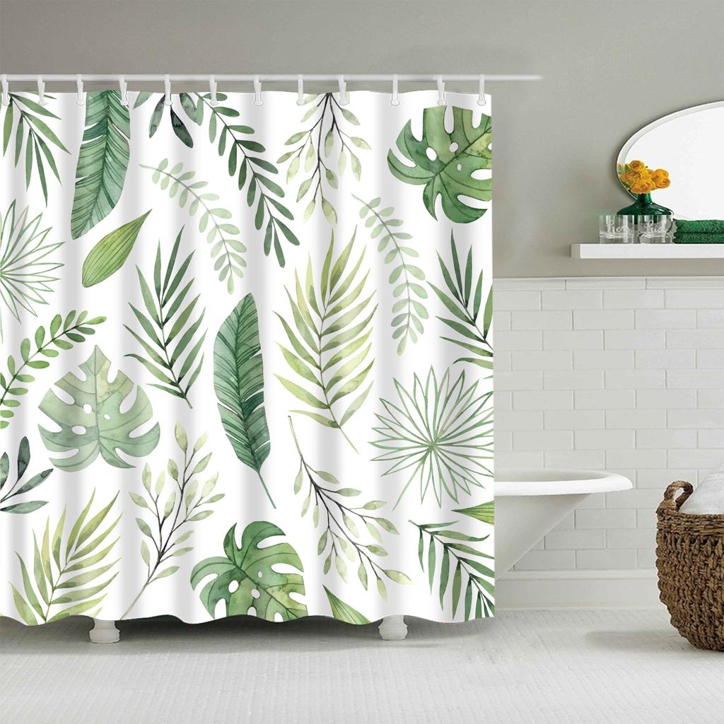 Plant Stripes Shower Curtain Bathroom Waterproof Polyester Shower Curtains for Bathroom Flower Print Bath Curtain with Hooks