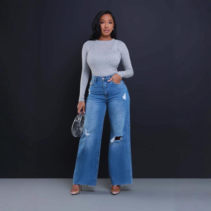 Ripped jeans for women, high-waisted, loose, straight-leg, wide-leg pants S