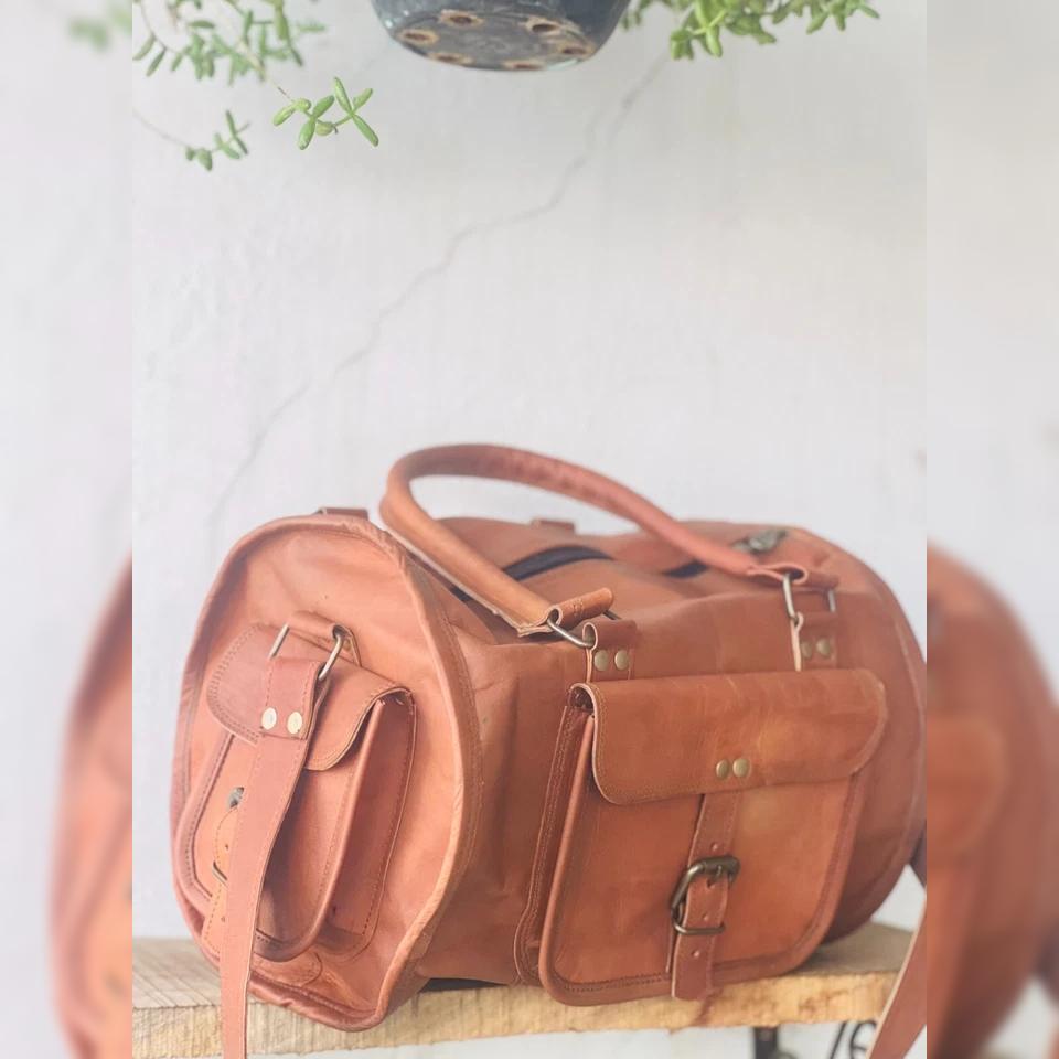 Detailed Finished Bag Genuine Goat Leather Travel Gym Duffle Duffel Real