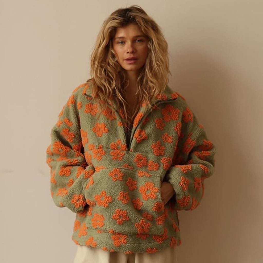 2025 Winter Autumn Women's Fleece Floral Sweatshirt Fashion Warm Fuzzy Pullover Top