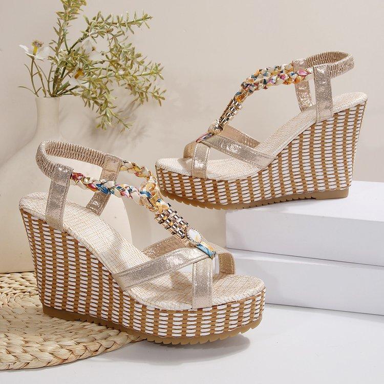 SyfIyno Summer Sandals Women's Fashion Open Toed Knitted Elastic Belt Slope Heel Thick Bottom High Heel Sandals Eleven Styles