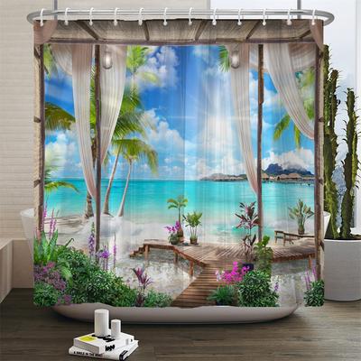 Strandlandschaft am Meer Duschvorhang Bedruckte mediterrane Landschaft Polyster Badezimmervorhänge Heimdeko Vorhang mit Haken