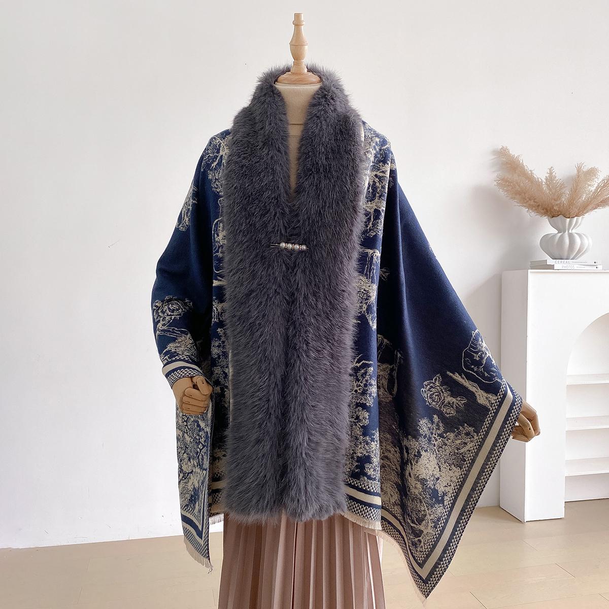 Herfst Winter Modieuze Luxe Imitatie Kasjmier Dames Jacquard Sjaals Geweven Poncho Dames Capes Sjaals Mantels Kunstbont Sjaal black