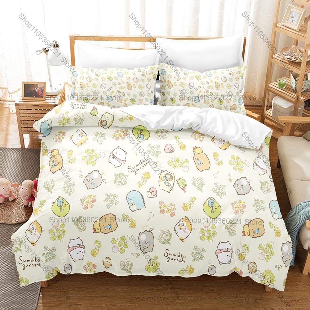 Sumikkogurashi Printed Bedding Set, Duvet Cover plus 2 Pillowcases, Adorable Cartoon Style Soft Microfiber Textiles