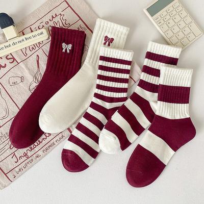Socks Pure Cotton Tube Socks Embroidered Bow Burgundy Spring And Autumn Versatile Striped Stockings