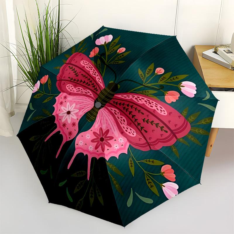 1pc Butterfly Floral Pattern Automatic Open/close Folding Umbrella, Compact Portable Travel Umbrella, Perfect Birthday/Christmas, Cute Umbre