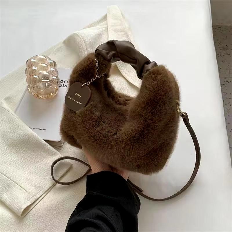 Women Faux Fur Plush Handbags Ruched Handle Small Lady Shoulder Crossbody Bag Cute Fashion Solid Color Soft Underarm Bags