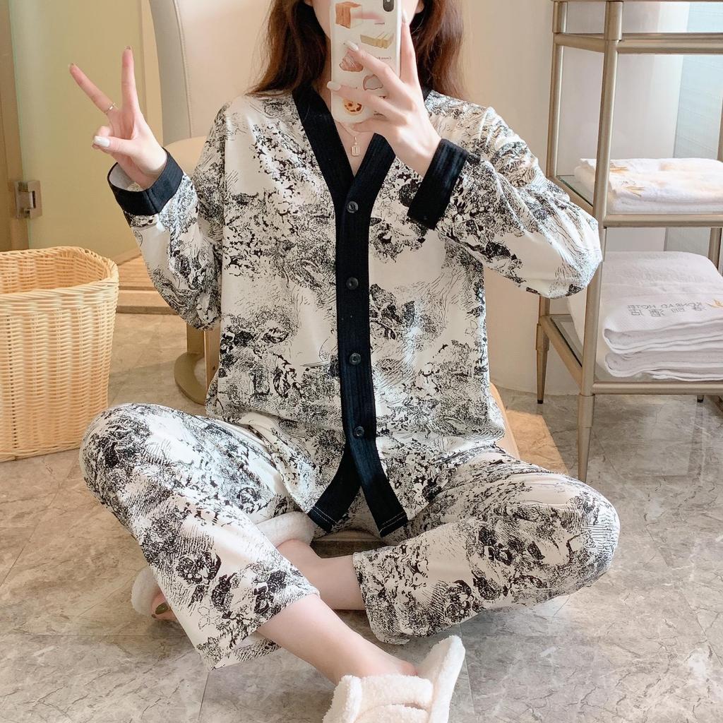 Autumn 2025 Women's Long Sleeve Cardigan Pajamas - Cute Ins Style Homewear