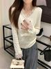 Elegant Women V-Neck Lace Trim Knit Sweater Flared Long Sleeve Casual Tops Autumn Winter Lace Splicing Sweet Fashion Loose Simple Solid Color Clothing