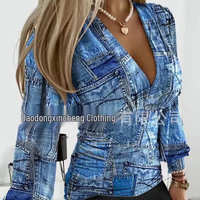 

Женская повседневная рубашка с V-образным вырезом и длинным рукавом с принтом Large (L)