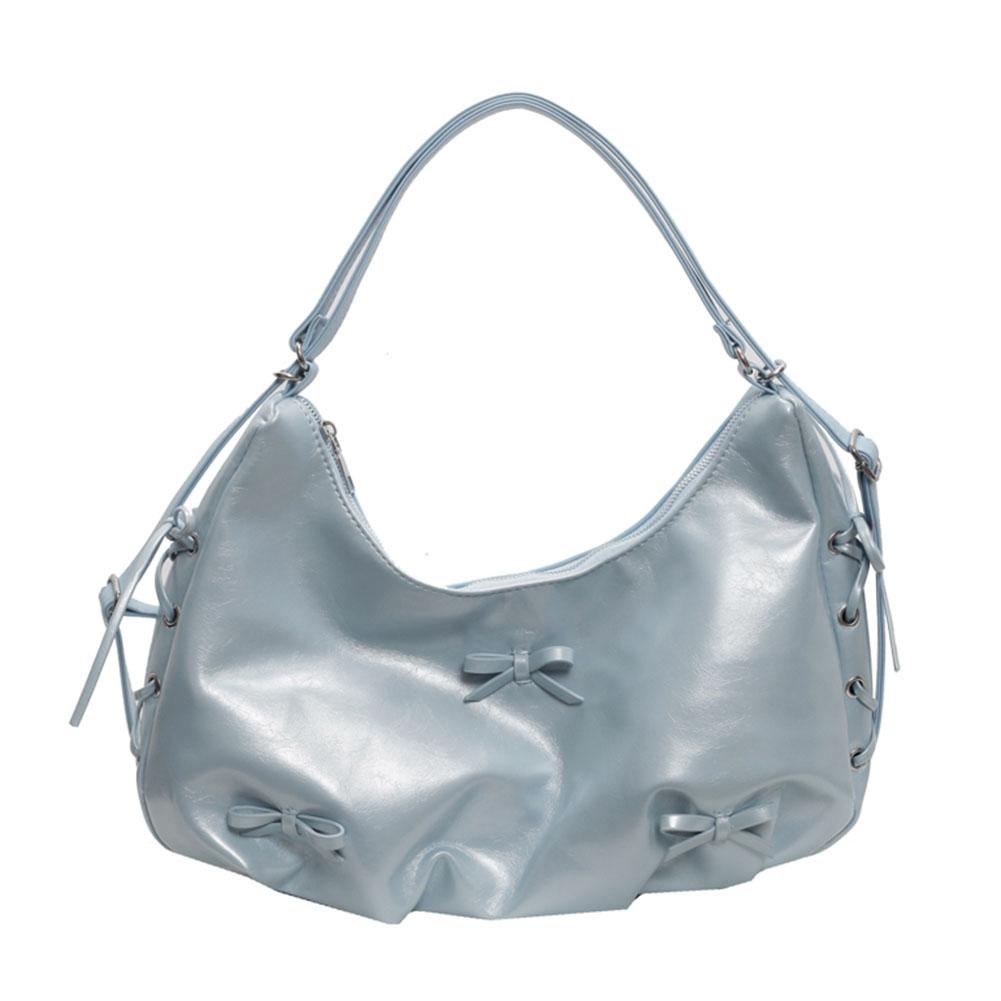 PU Leather Women Crossbody Bag Bowknot Crescent Bag Adjustable Shoulder Strap Backpack Zipper Handbag for Travel Shopping