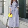 ZANZEA Women Turn Down Collar Casual 3/4 Sleeve Loose Stripe Dress