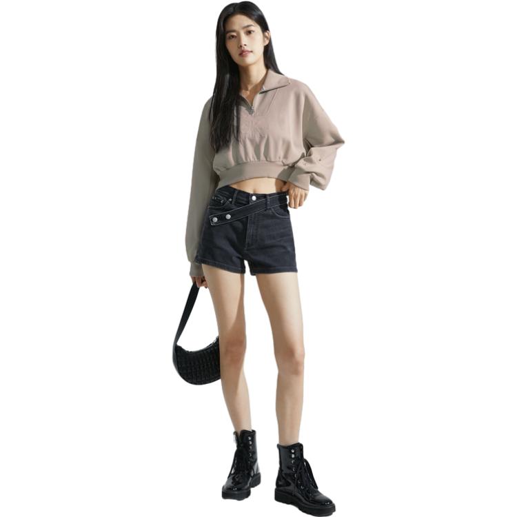 Calvin Klein Solid Color Cropped Pullover Long Sleeve Sweatshirt Women Tops Light-Coffee J222302-PED