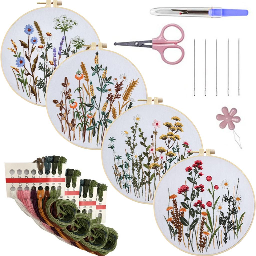 4 Pack Flowers DIY Embroidery Kit with Embroidery Hoop Embroidery Starter Kit 30x30cm for Adult Beginners Gift for Women