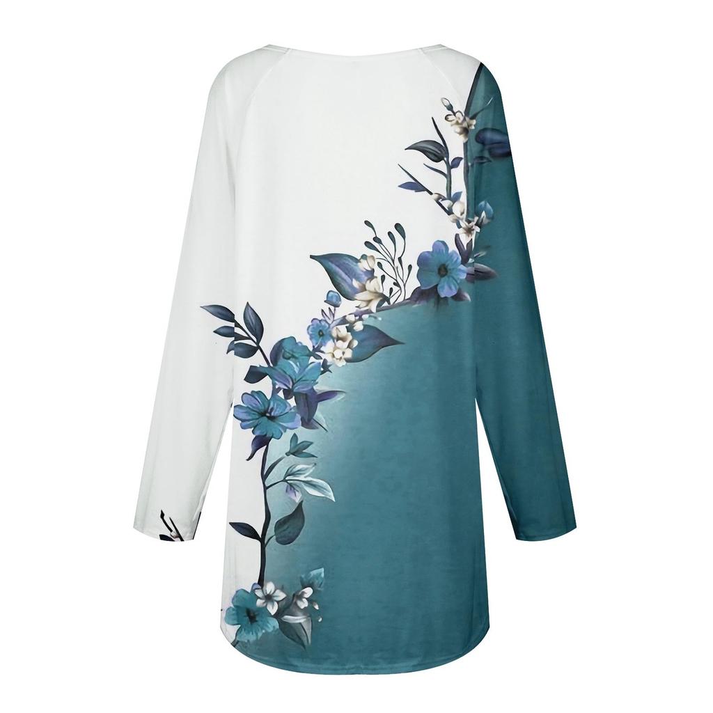 Women's T-shirt Flower Fashion Casual Print Long-sleeved Round Neck Mid-length Top