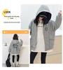 Girls' Grey Embroidered Badge Hooded Zipper Sweatshirt - Spring/Autumn Casual Loose Fit Jacket