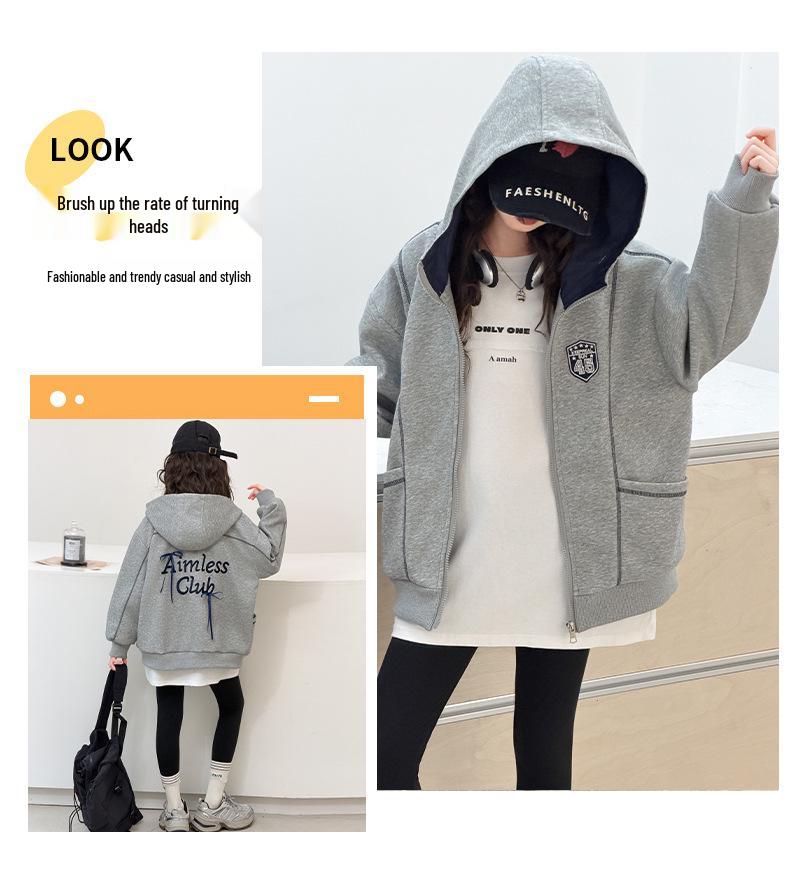 Girls' Grey Embroidered Badge Hooded Zipper Sweatshirt - Spring/Autumn Casual Loose Fit Jacket