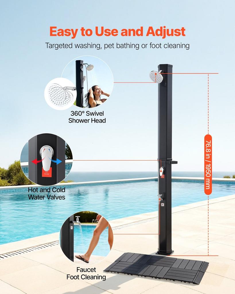 35L Solar Heated Shower, 195cm Showerhead Height Outdoor Shower, with Floor Kit & Foot Faucet, Hot & Cold Water Adjustment, Freestanding for Backyard