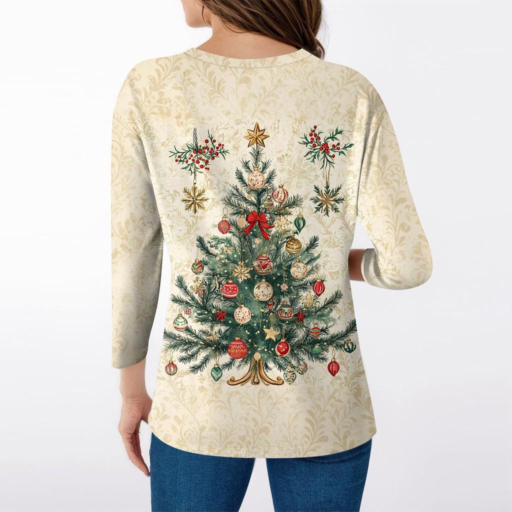 Women's T Shirt CHristmas Print 3/4 Sleeve Daily Weekend Fashion Basic V- Neck Regular Top