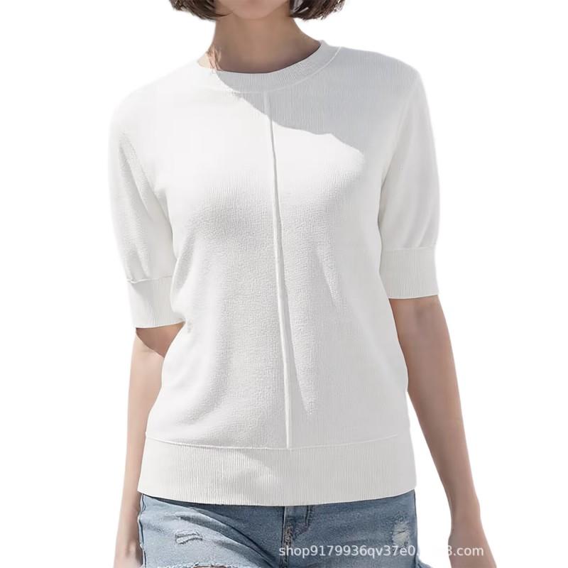 Womens Solid Color Knit Pullover Sweater 2026 Round Neck Short Sleeve Slim Fit Casual Elegant Top