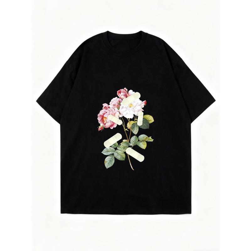 Oversized T Shirt Black Floral Print With White And Pink Roses And Green Leaves Casual Wear For Women Summer Outfit Fashion Streetwear Style