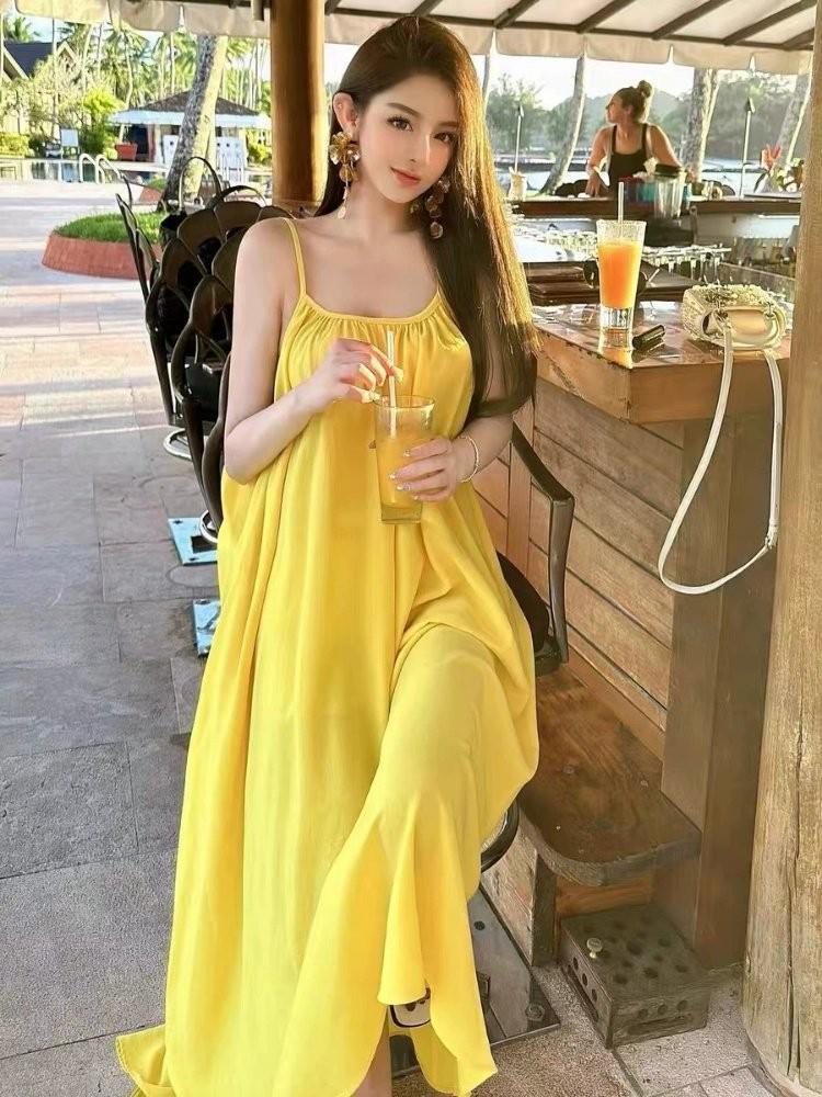 Elegant French Yellow Backless Spaghetti Strap Dress - Summer Beach Vacation Style for Women