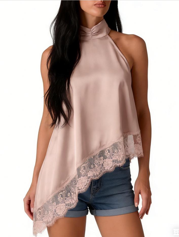 2025 Women's Satin Halter Neck Sleeveless Asymmetrical Camisole with Lace Trim