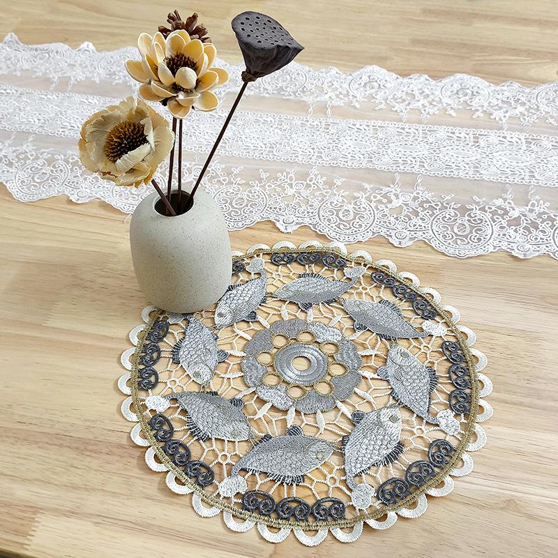 Color Hollow Embroidery Tablecloth Round Dining Plate Mat Decoration Shooting Props Lace Decorative Mat Pastoral Embroidery Coaster