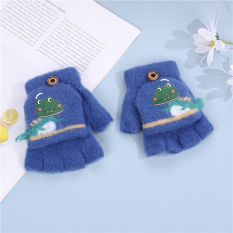 Children's flip gloves cute cartoon dinosaur boy baby children kindergarten winter warm half finger wool