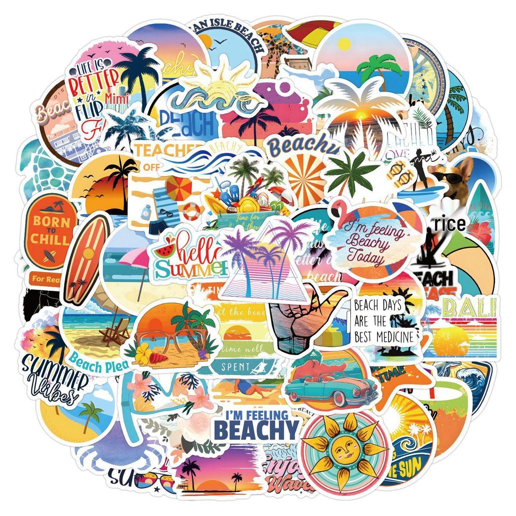 60 Cartoon Beach & Surf Stickers: Waterproof Decorations for Journals, Water Bottles, and Computers.