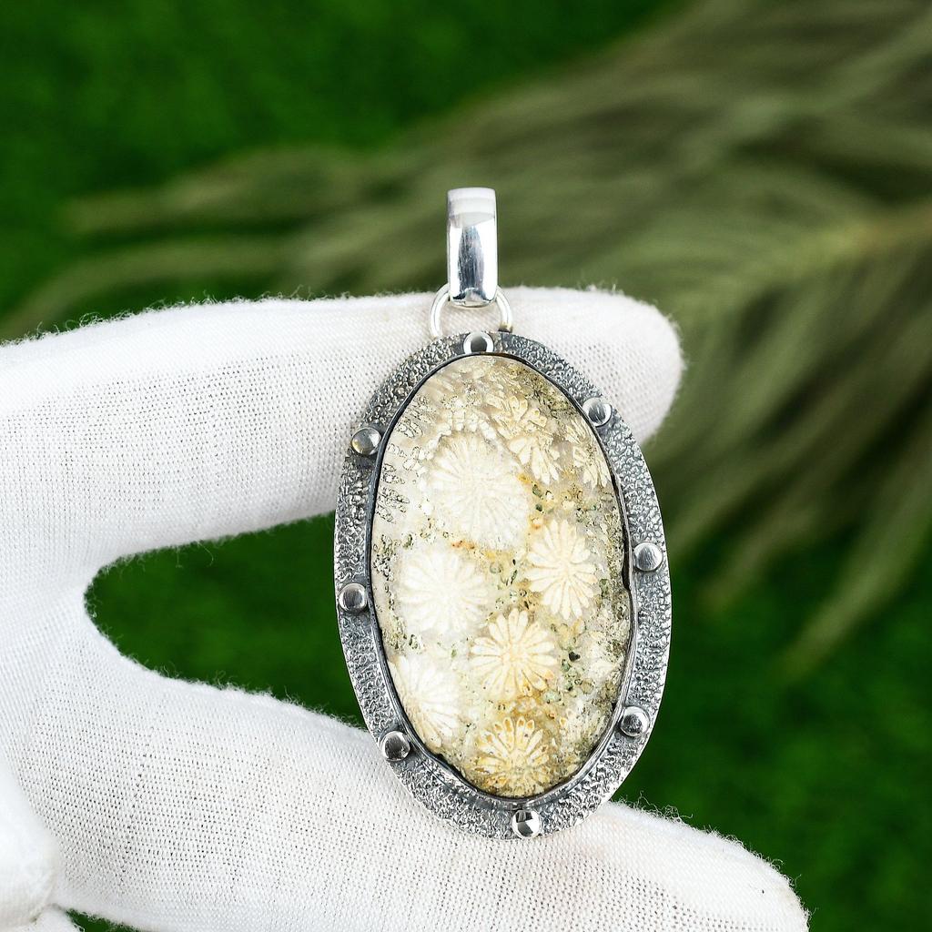 Hochzeitsgeschenk für Sie 925 Sterlingsilber Natürlicher Fossilkoralle Edelstein Anhänger