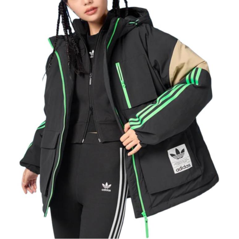 adidas Originals Color Block Warm Multi Pocket Sports Hooded Down Jacket Women Jacket Black H64176