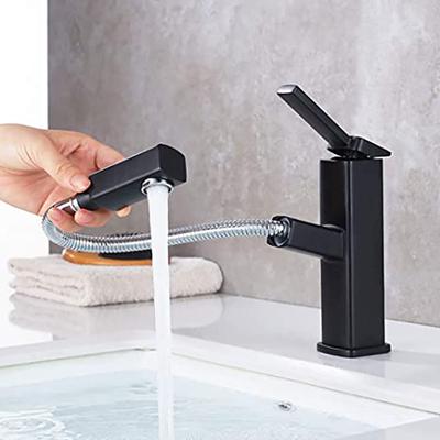 Hot and Cold Single Handle Modern Black Brass Pullable Rotating Basin Bathroom Faucet