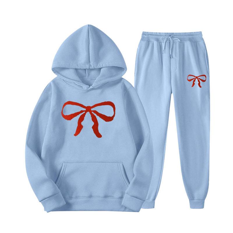 Unisex Casual Hoodie and Sweatpants Set - Loose Fit, Bowknot Printed